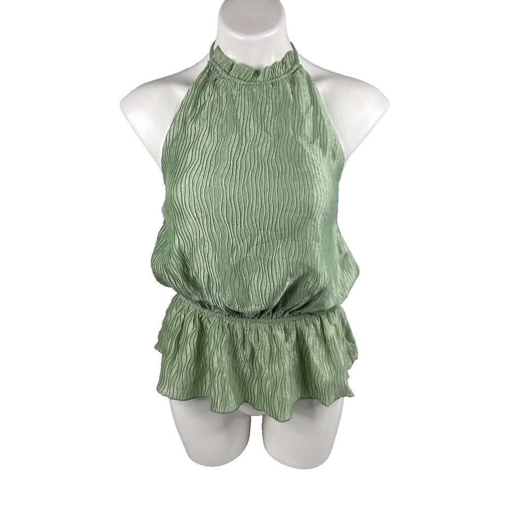 L Love Women Medium Halter Top Textured Ruffle Tie Green Casual NWT